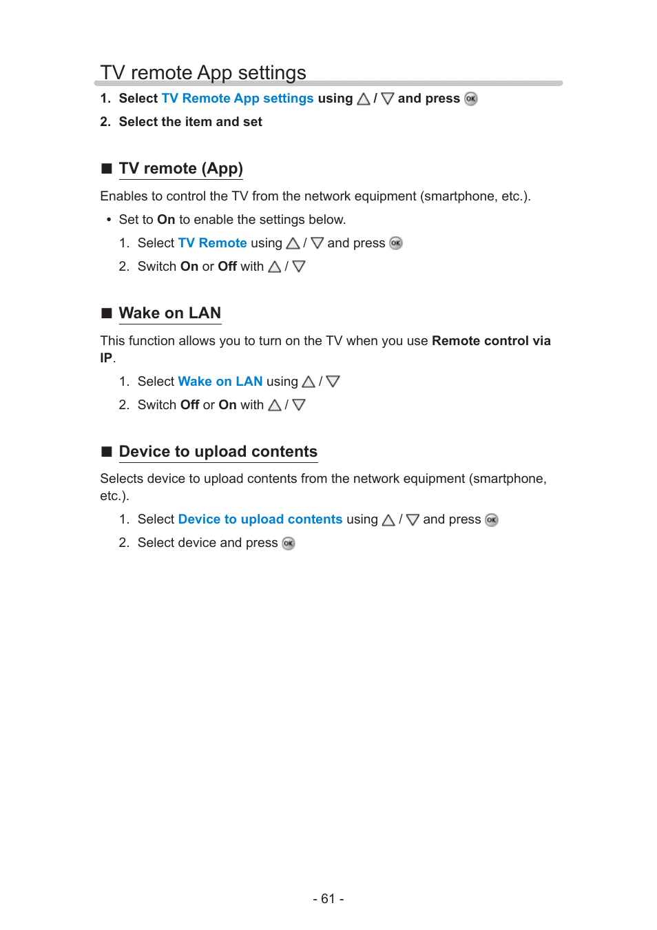 Tv remote app settings, Tv remote app settings 61 | Panasonic TC-58AX800U User Manual | Page 61 / 209