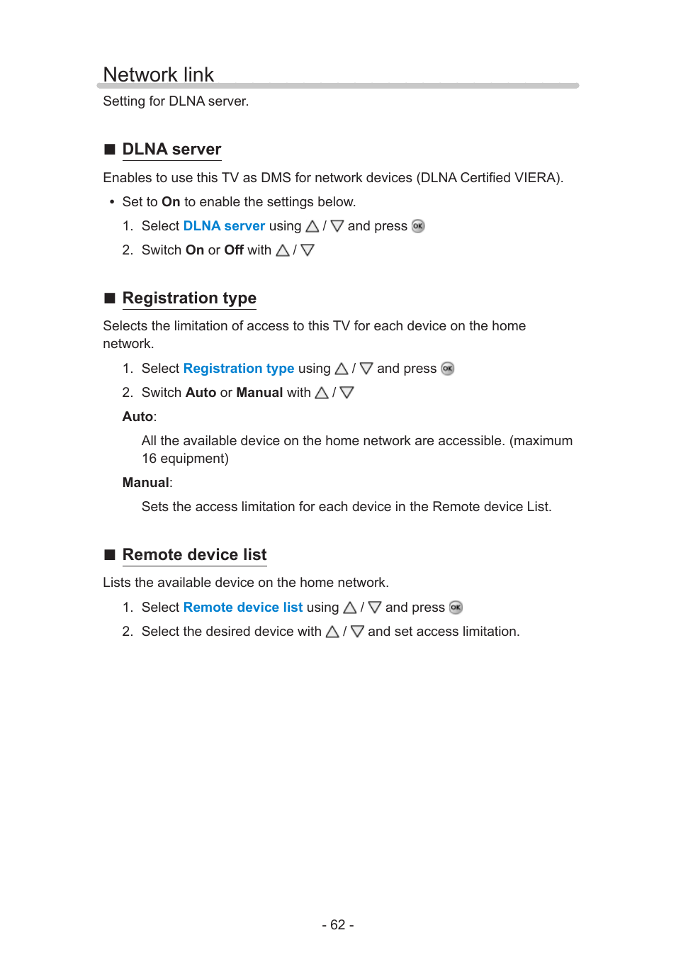 Network link, Network link 62 | Panasonic TC-58AX800U User Manual | Page 62 / 209
