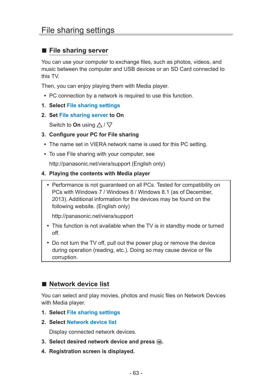 File sharing settings, File sharing server, Network device list | Panasonic TC-58AX800U User Manual | Page 63 / 209