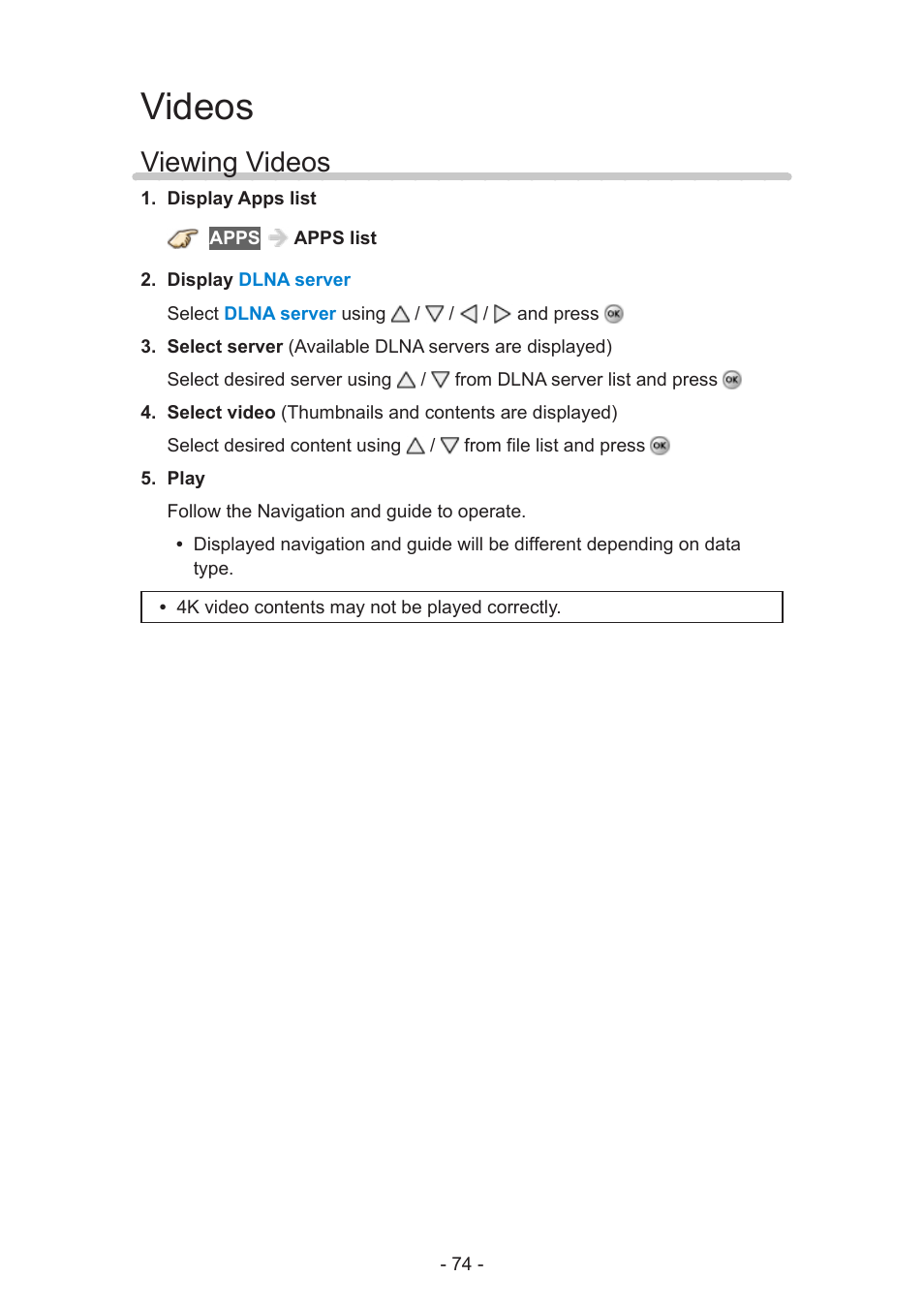 Videos, Viewing videos | Panasonic TC-58AX800U User Manual | Page 74 / 209