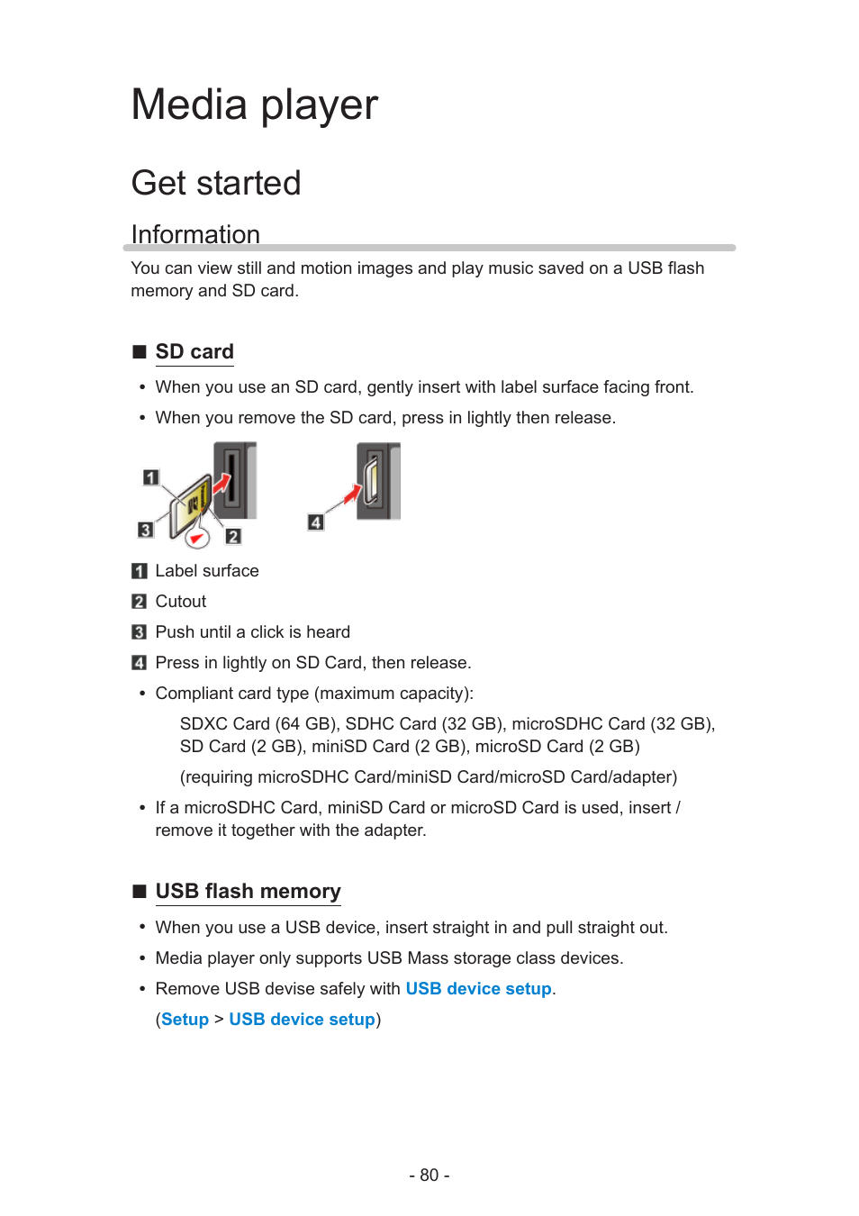 Media player, Get started, Information | Information 80, Sd card | Panasonic TC-58AX800U User Manual | Page 80 / 209