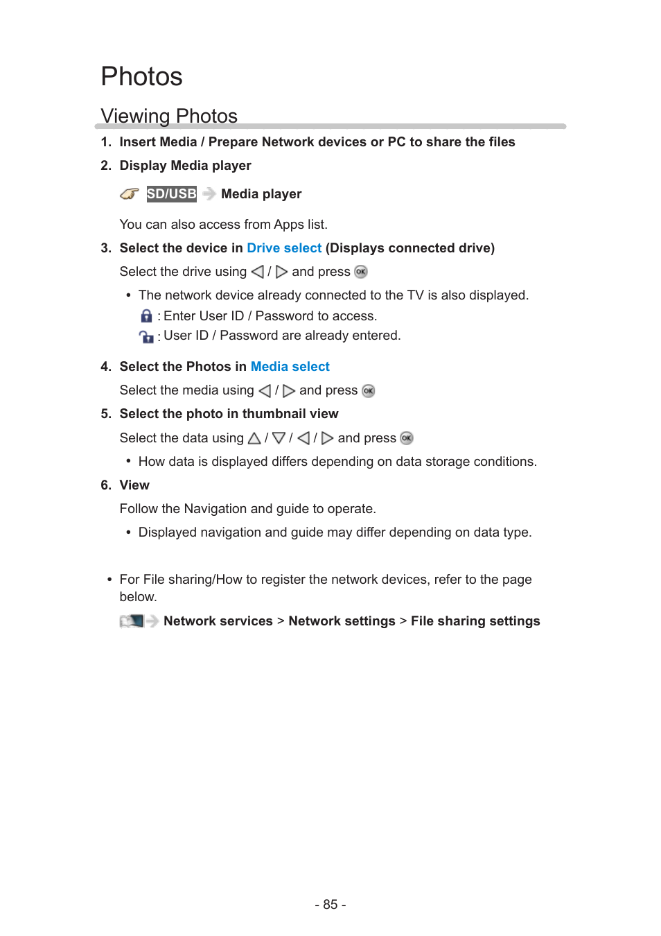 Photos, Viewing photos | Panasonic TC-58AX800U User Manual | Page 85 / 209