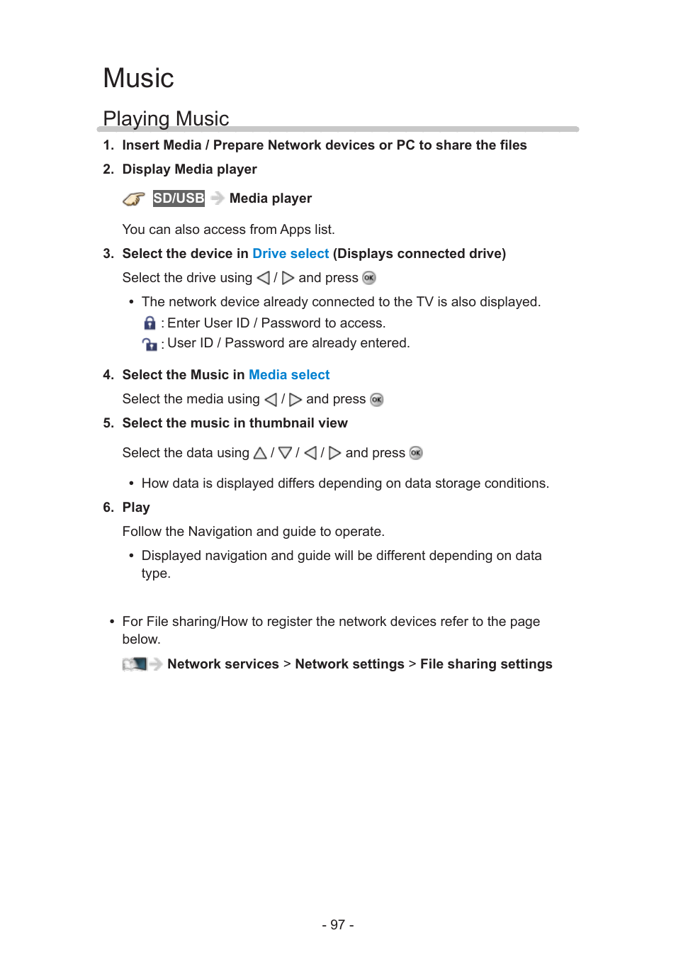 Music, Playing music | Panasonic TC-58AX800U User Manual | Page 97 / 209