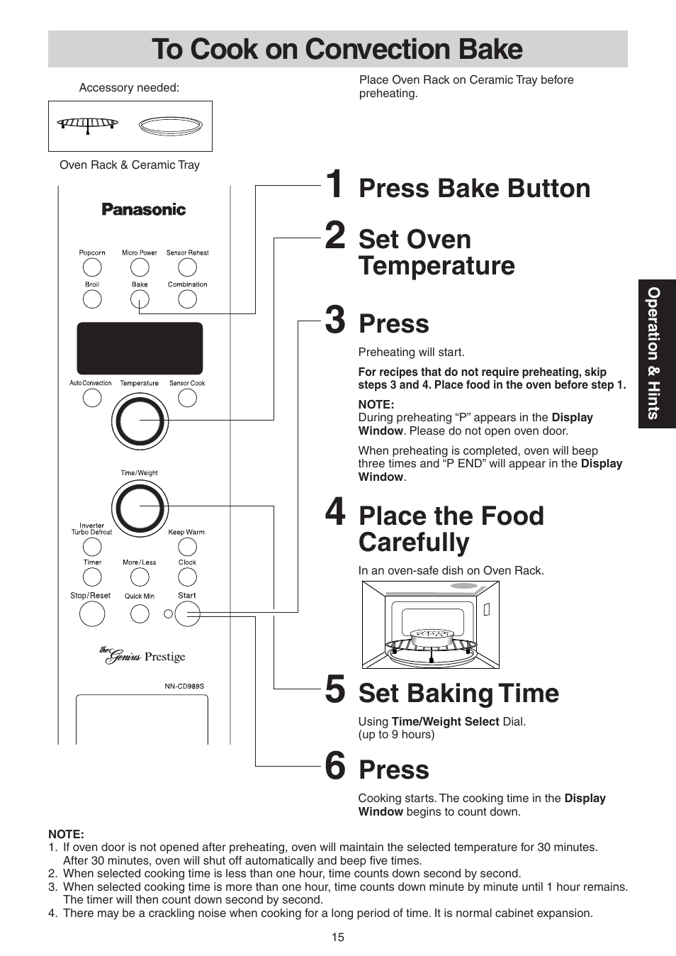 To cook on convection bake, Set oven temperature, Press bake button | Press, Set baking time, Place the food carefully | Panasonic NN-CD989S User Manual | Page 15 / 30