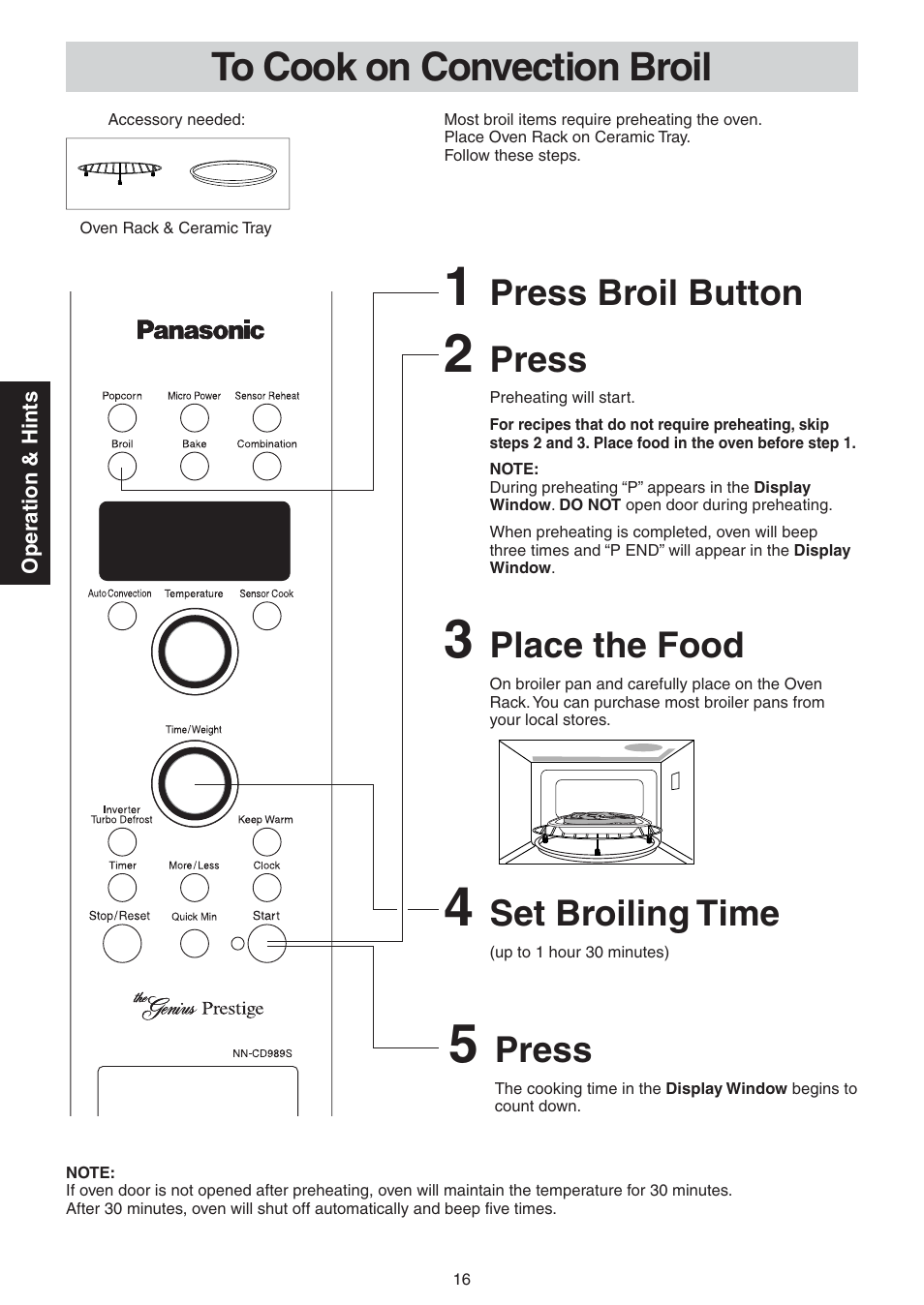 To cook on convection broil, Press broil button, Place the food | Set broiling time, Press | Panasonic NN-CD989S User Manual | Page 16 / 30