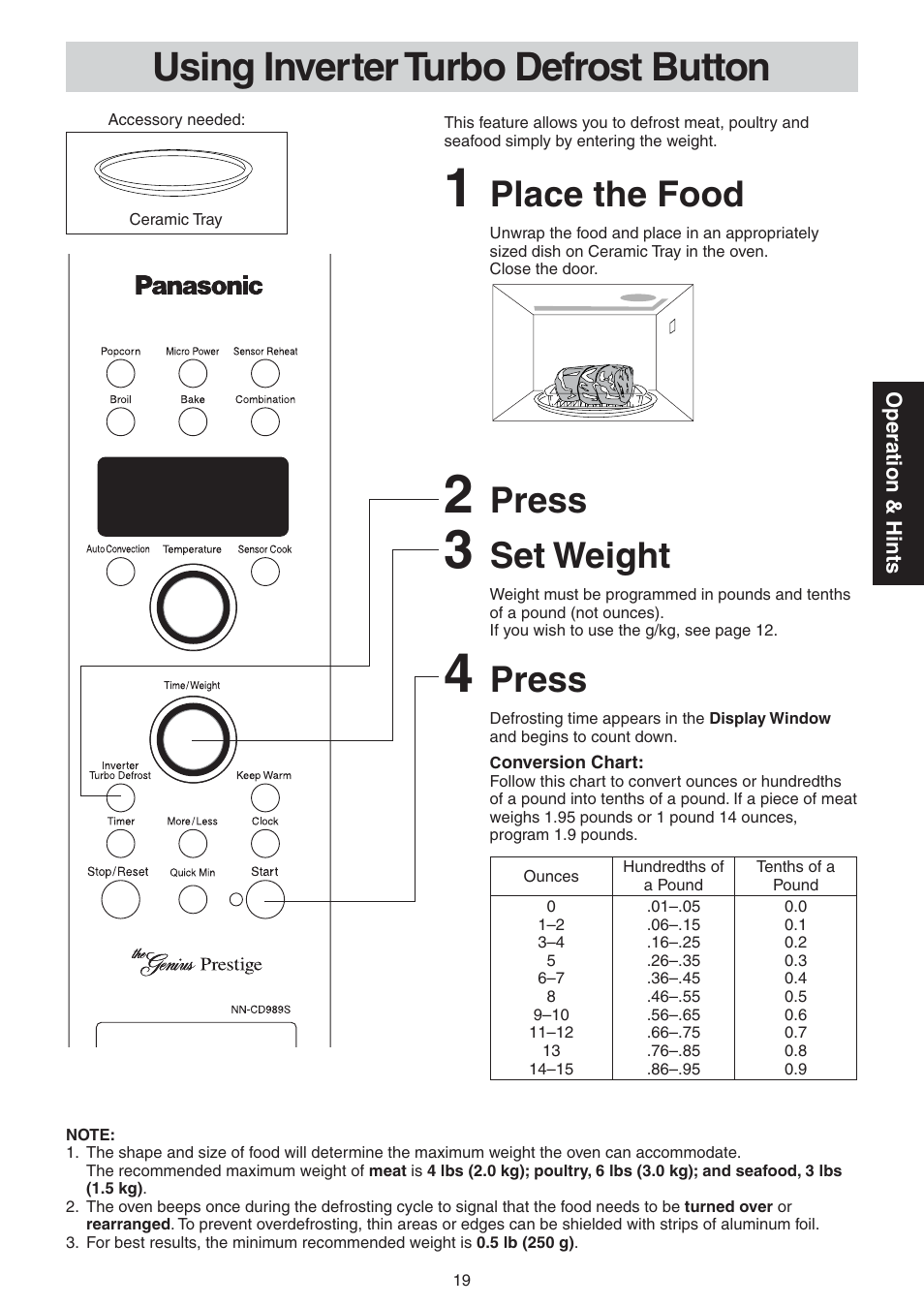 Using inverter turbo defrost button, Set weight, Press | Place the food | Panasonic NN-CD989S User Manual | Page 19 / 30