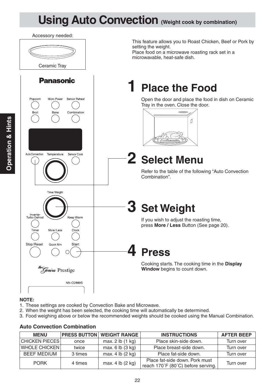 Using auto convection (weight cook by combination), Using auto convection, Select menu | Press, Set weight, Place the food | Panasonic NN-CD989S User Manual | Page 22 / 30