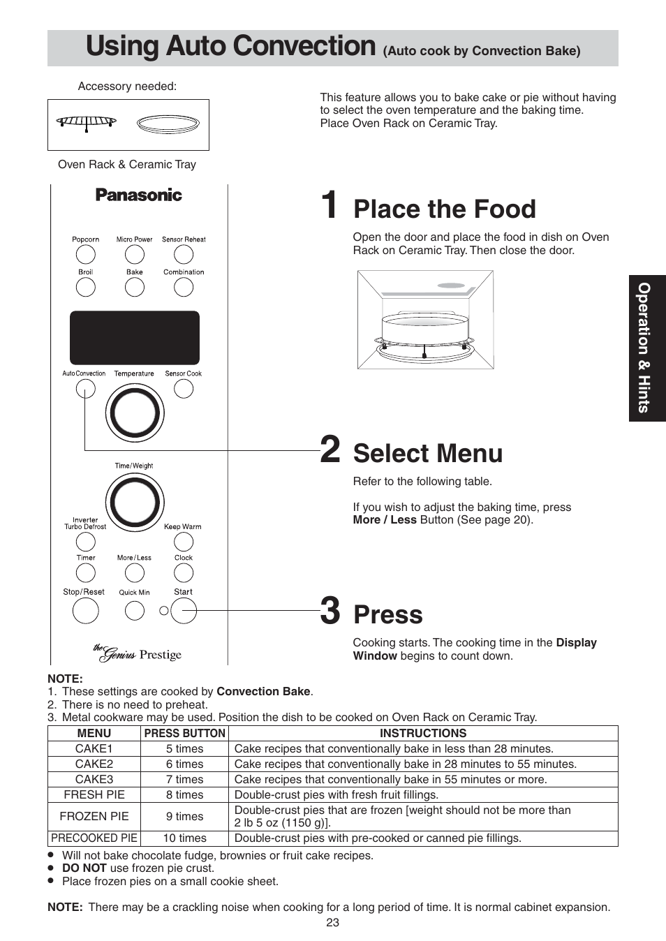 Using auto convection, Select menu, Press | Place the food | Panasonic NN-CD989S User Manual | Page 23 / 30