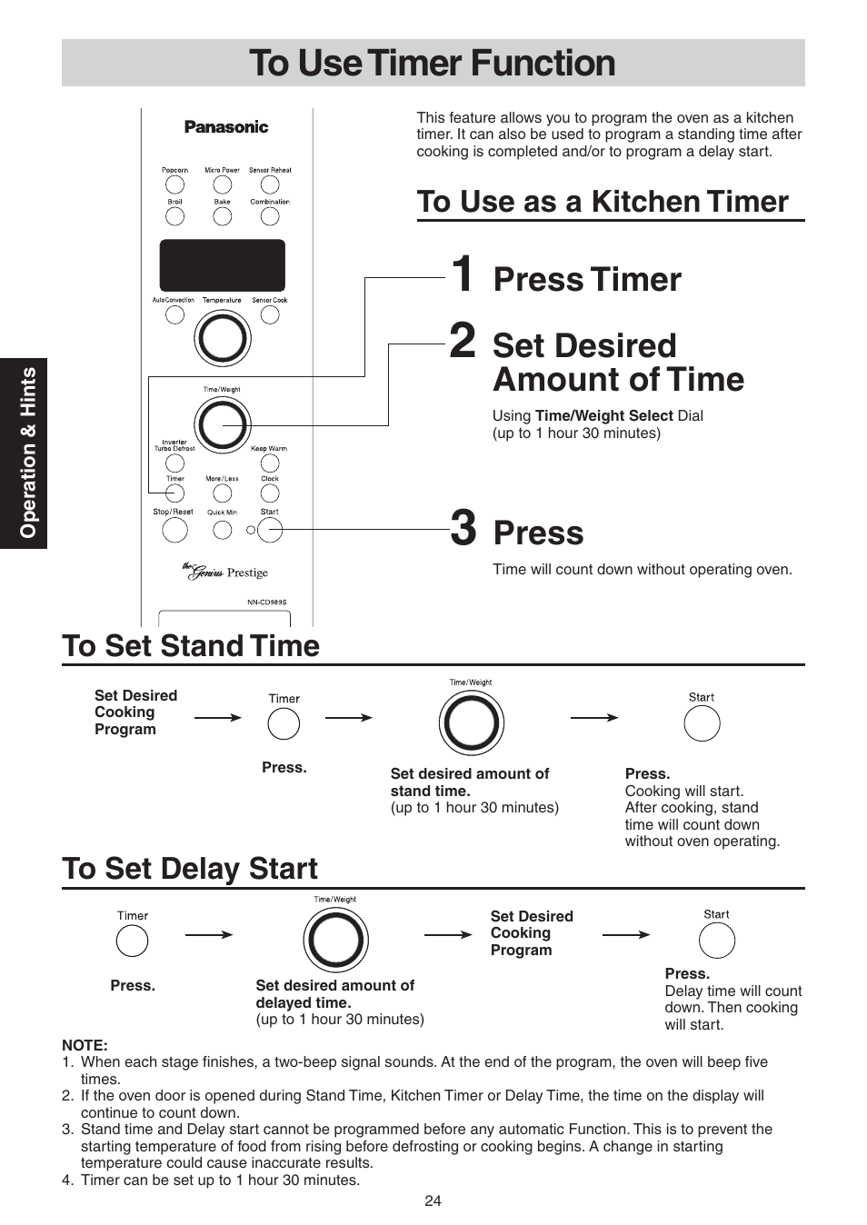 To use timer function, Set desired amount of time, Press | Press timer | Panasonic NN-CD989S User Manual | Page 24 / 30