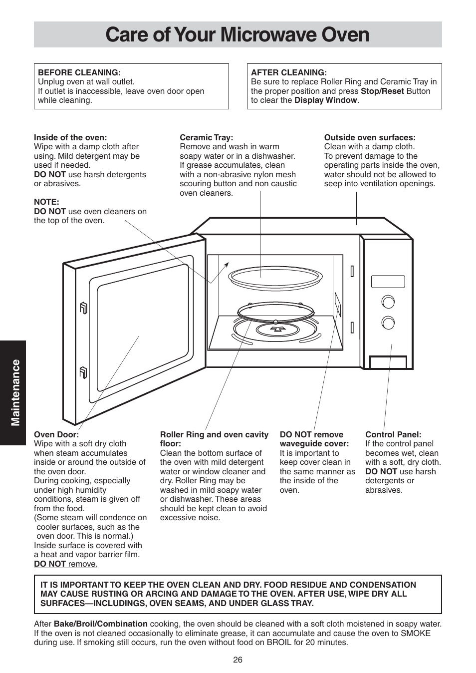 Care of your microwave oven, Maintenance | Panasonic NN-CD989S User Manual | Page 26 / 30