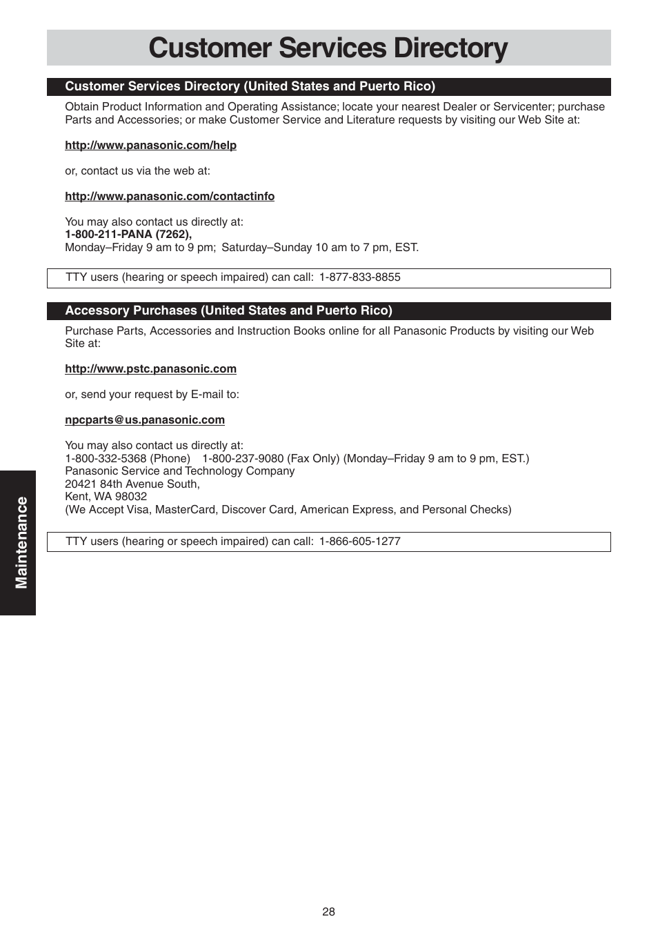 Customer services directory, Maintenance | Panasonic NN-CD989S User Manual | Page 28 / 30