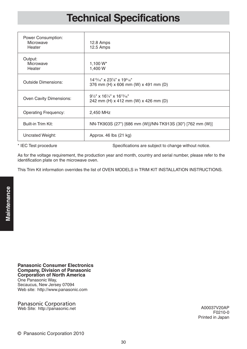 Technical specifications, Maintenance | Panasonic NN-CD989S User Manual | Page 30 / 30