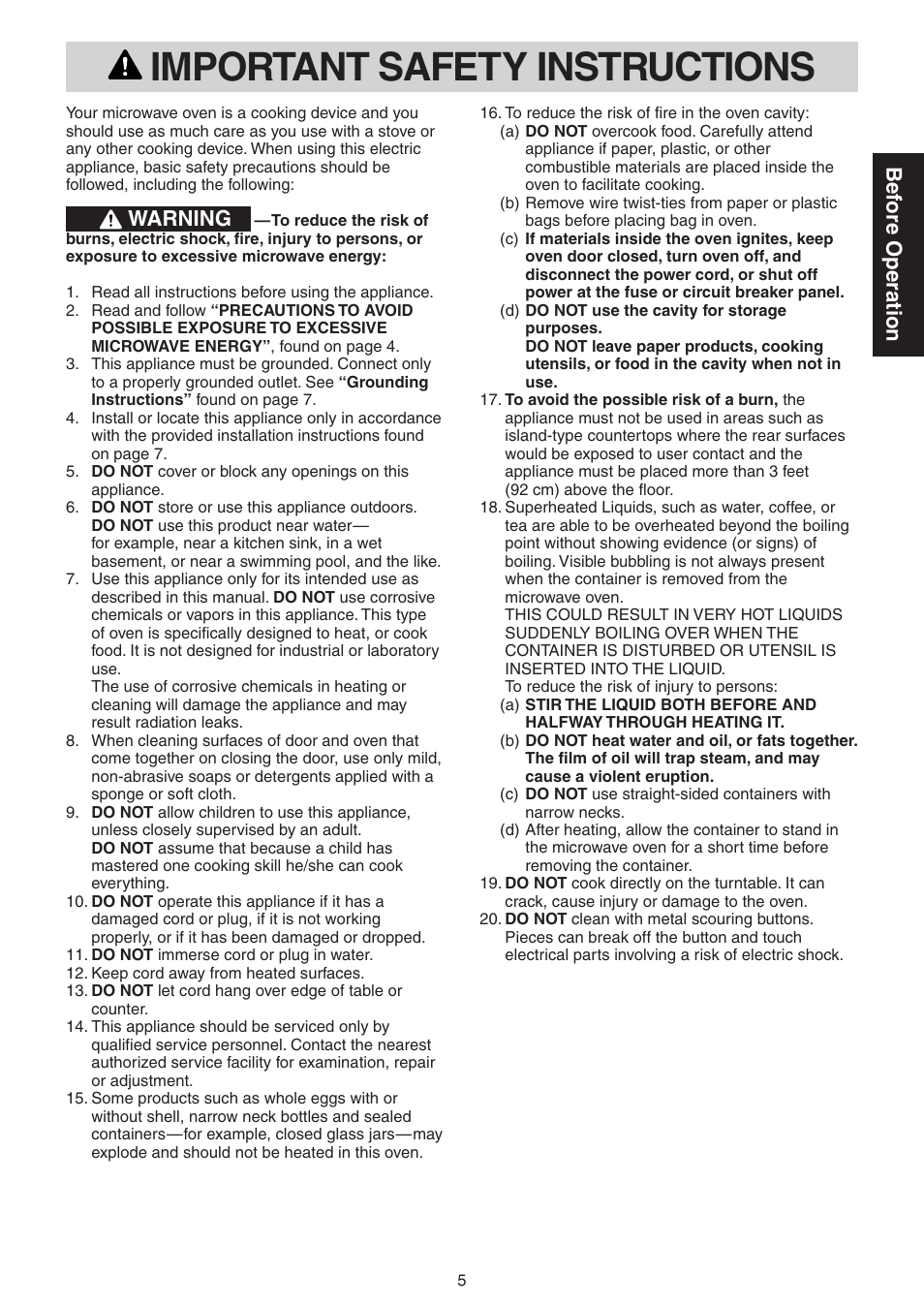 Before operation, Important safety instructions, Bef ore operation | Warning | Panasonic NN-CD989S User Manual | Page 5 / 30