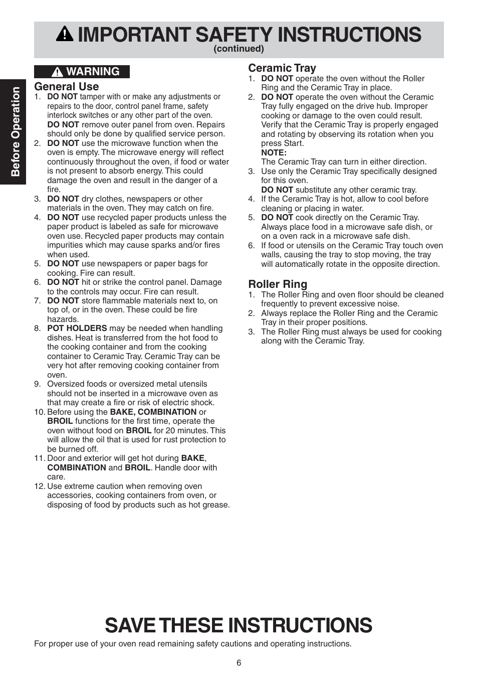 Important safety instructions, Save these instructions, Bef ore operation | Warning general use, Ceramic tray, Roller ring | Panasonic NN-CD989S User Manual | Page 6 / 30