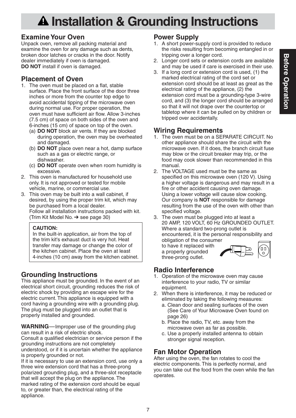 Installation and grounding instructions, Installation & grounding instructions, Bef ore operation | Examine your oven, Placement of oven, Grounding instructions, Power supply, Wiring requirements, Radio interference, Fan motor operation | Panasonic NN-CD989S User Manual | Page 7 / 30