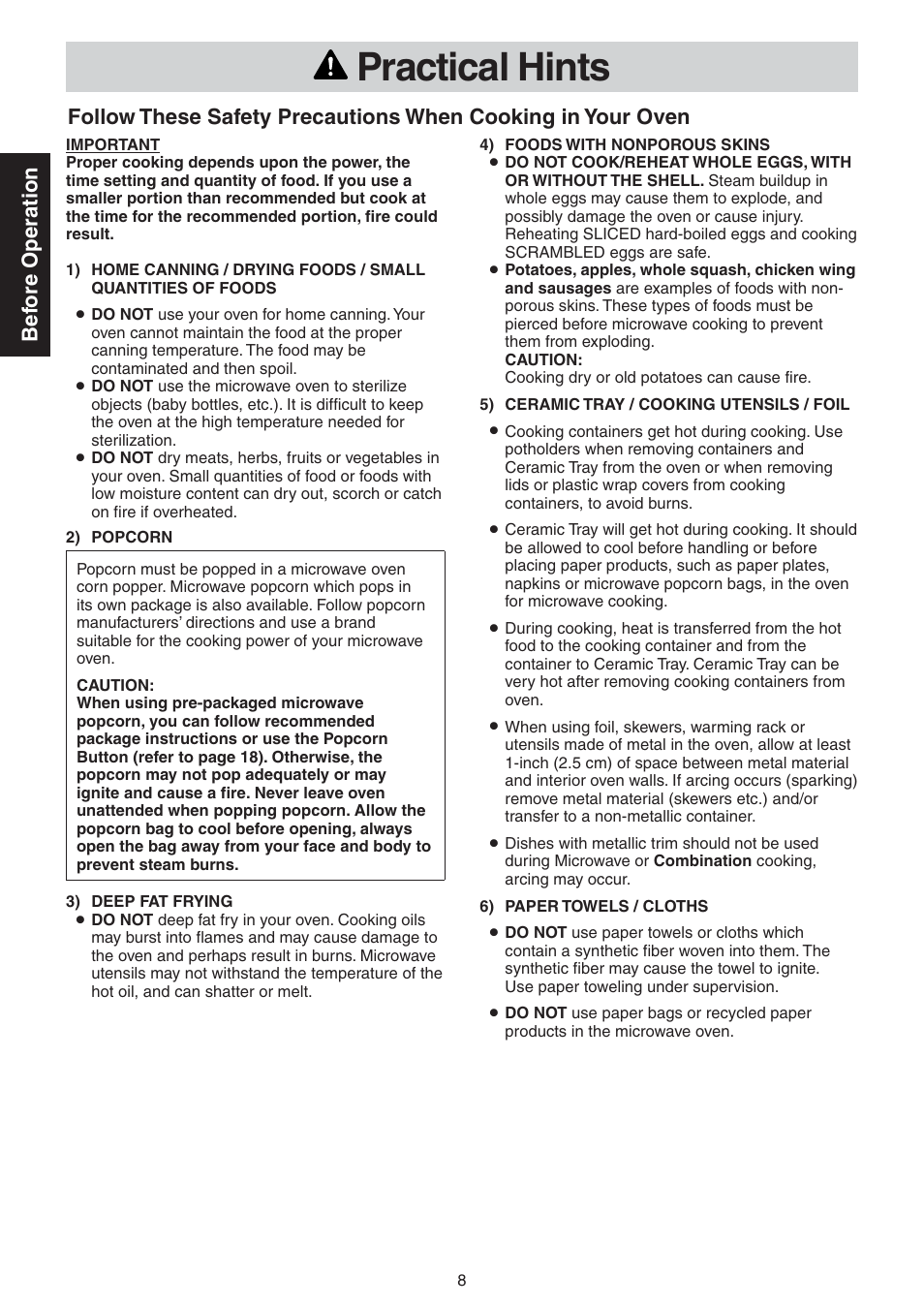 Practical hints, Bef ore operation | Panasonic NN-CD989S User Manual | Page 8 / 30