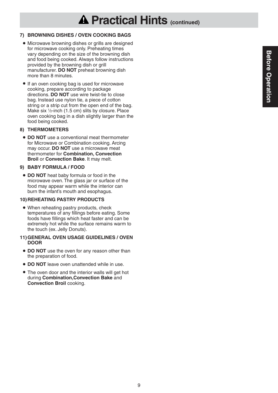 Practical hints, Bef ore operation | Panasonic NN-CD989S User Manual | Page 9 / 30