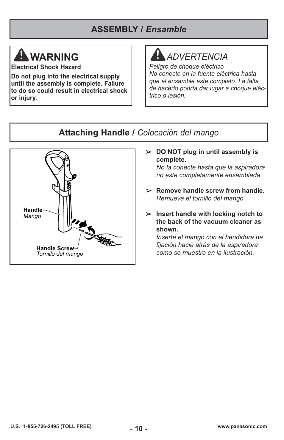 Assembly / ensamble, Attaching handle / ensamble del mango, Warning | Attaching handle / colocación del mango, Advertencia | Panasonic MC-UL429 User Manual | Page 10 / 48