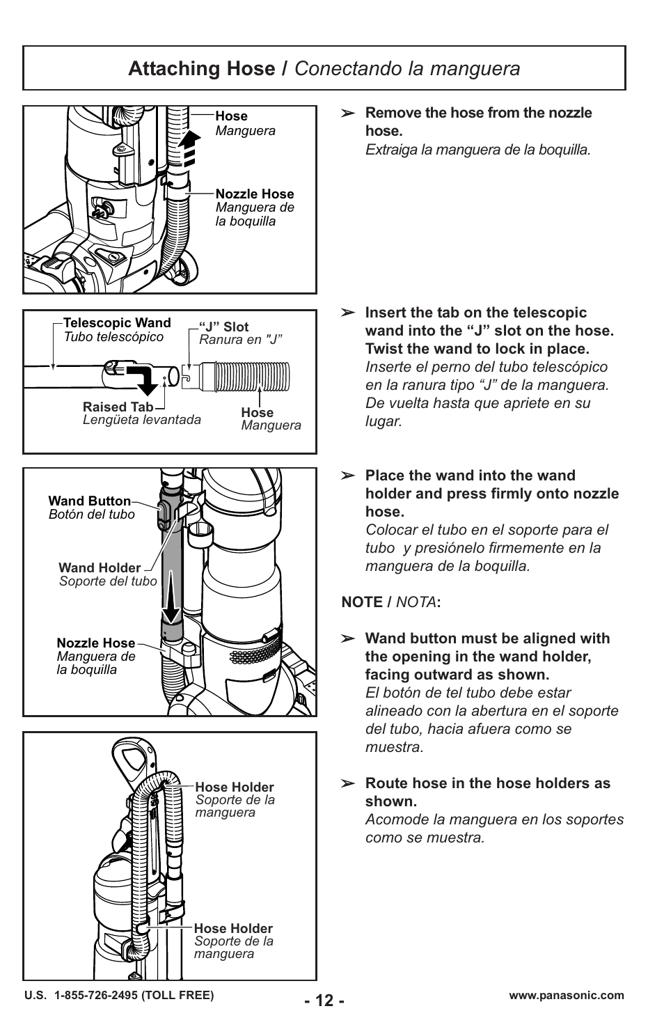 Attaching hose / conectando la manguera | Panasonic MC-UL429 User Manual | Page 12 / 48