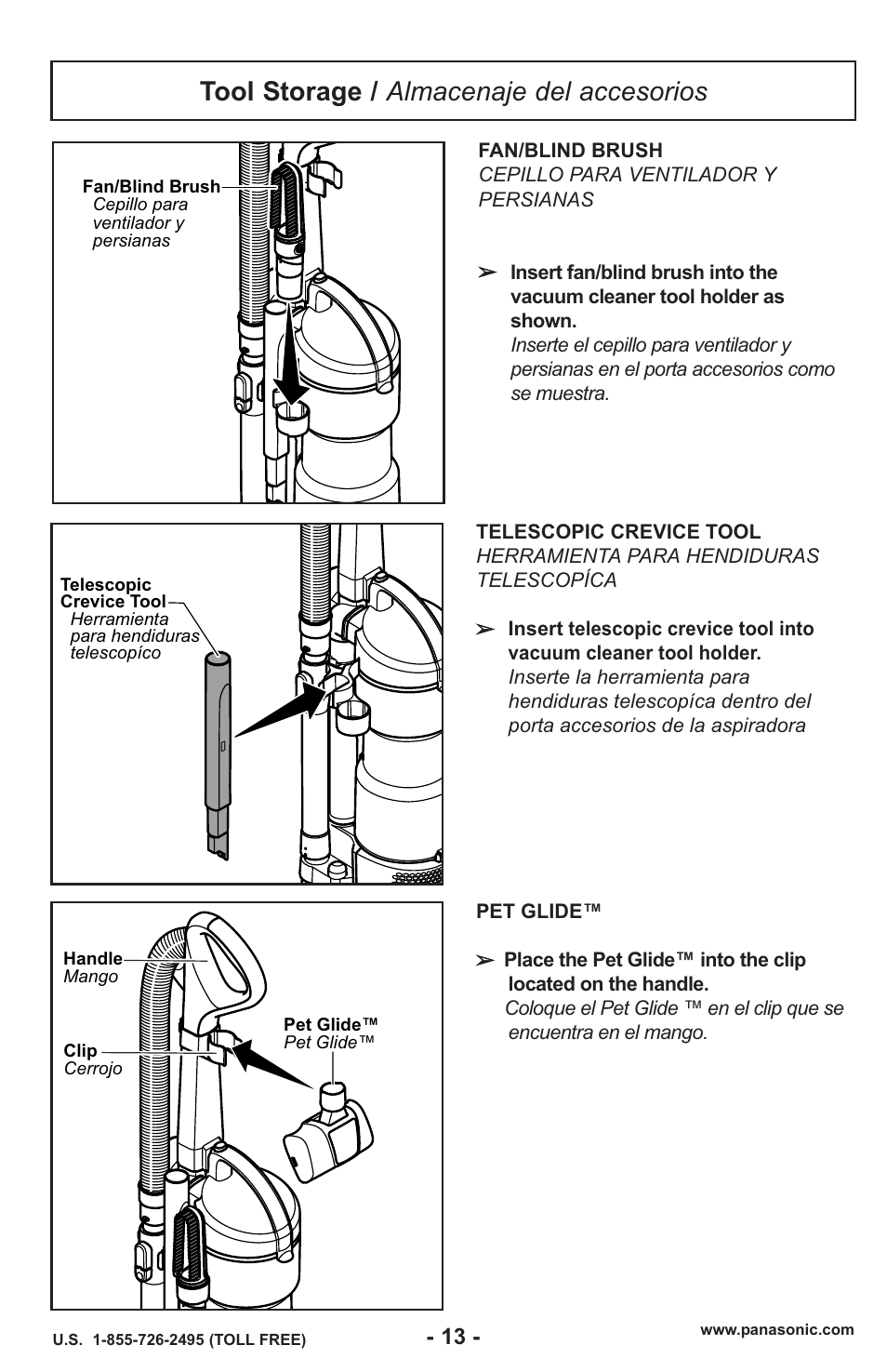 Tool storage / almacenaje de accesorios, Tool storage / almacenaje del accesorios | Panasonic MC-UL429 User Manual | Page 13 / 48