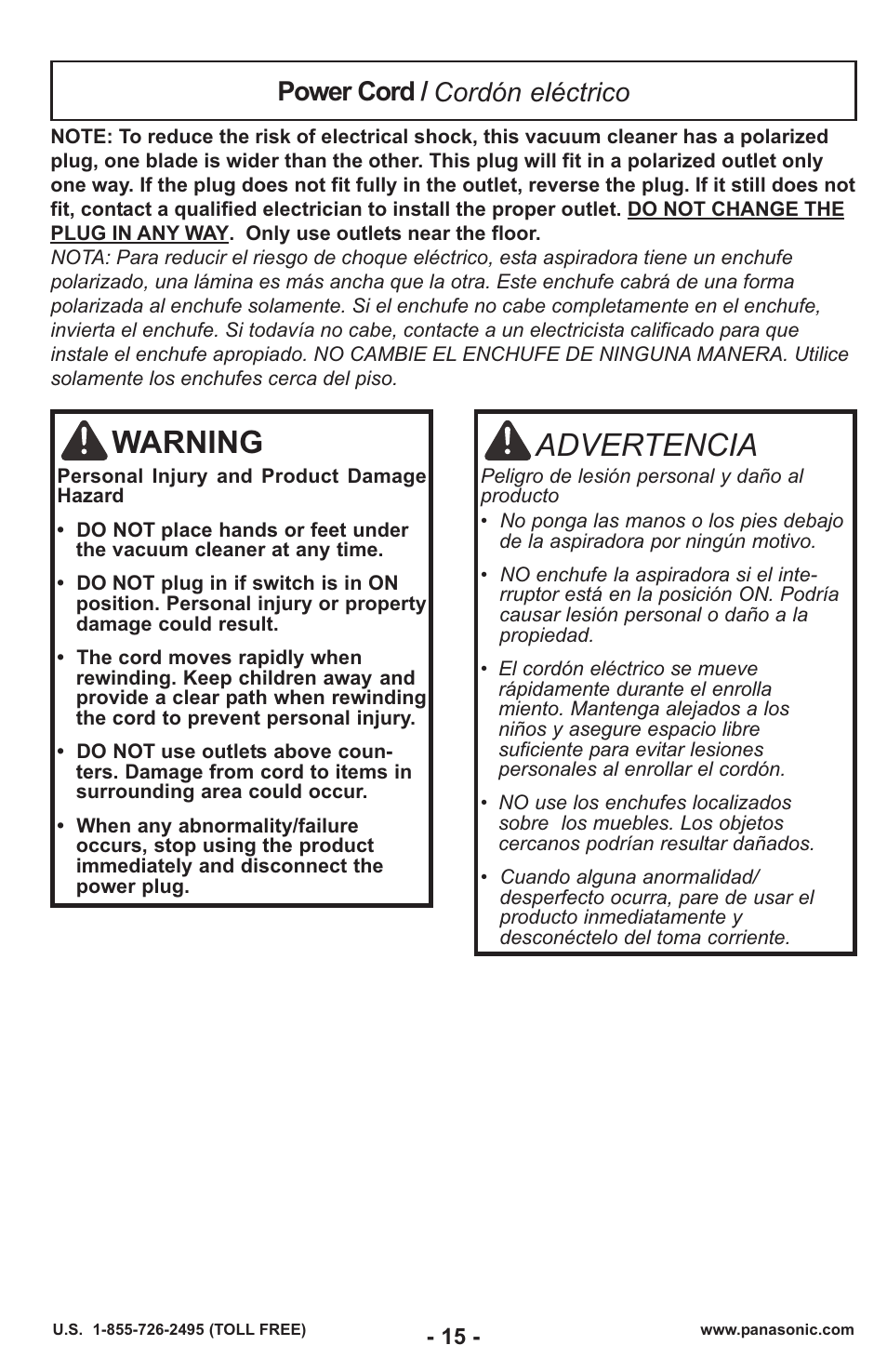 Power cord / cordón eléctrico, Warning, Advertencia | Panasonic MC-UL429 User Manual | Page 15 / 48