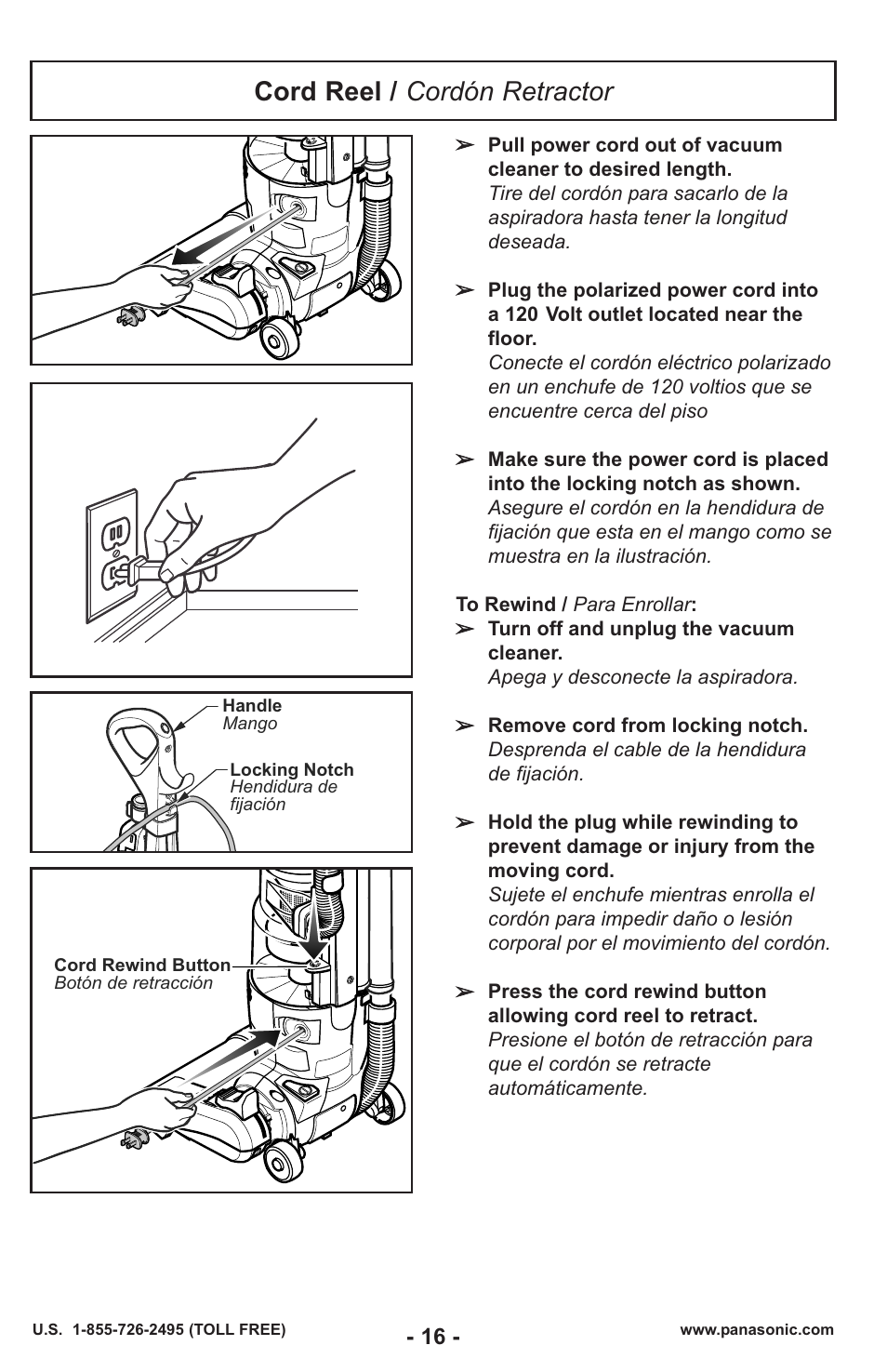 Cord reel / cordón retractor | Panasonic MC-UL429 User Manual | Page 16 / 48