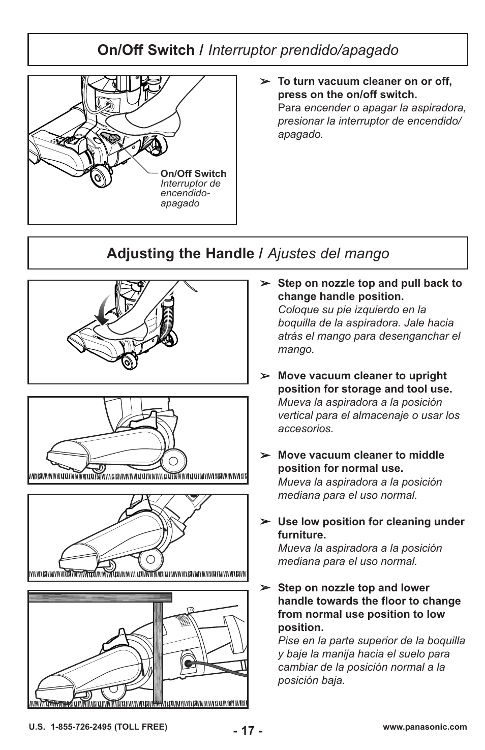 On/off switch / interruptor prendido/apagado, Adjusting the handle / ajuste del mango | Panasonic MC-UL429 User Manual | Page 17 / 48