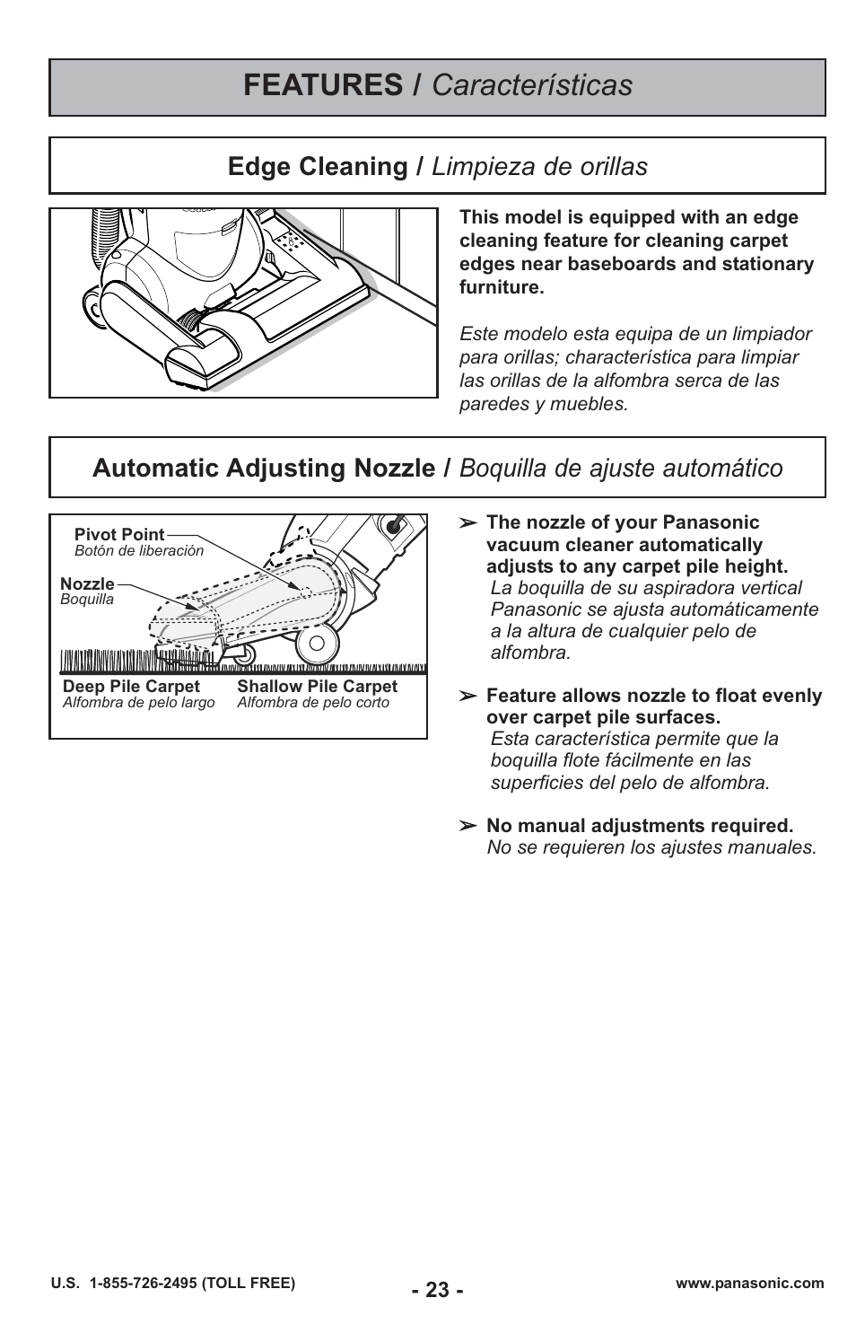 Features / características, Edge cleaning / limpieza de orillas | Panasonic MC-UL429 User Manual | Page 23 / 48