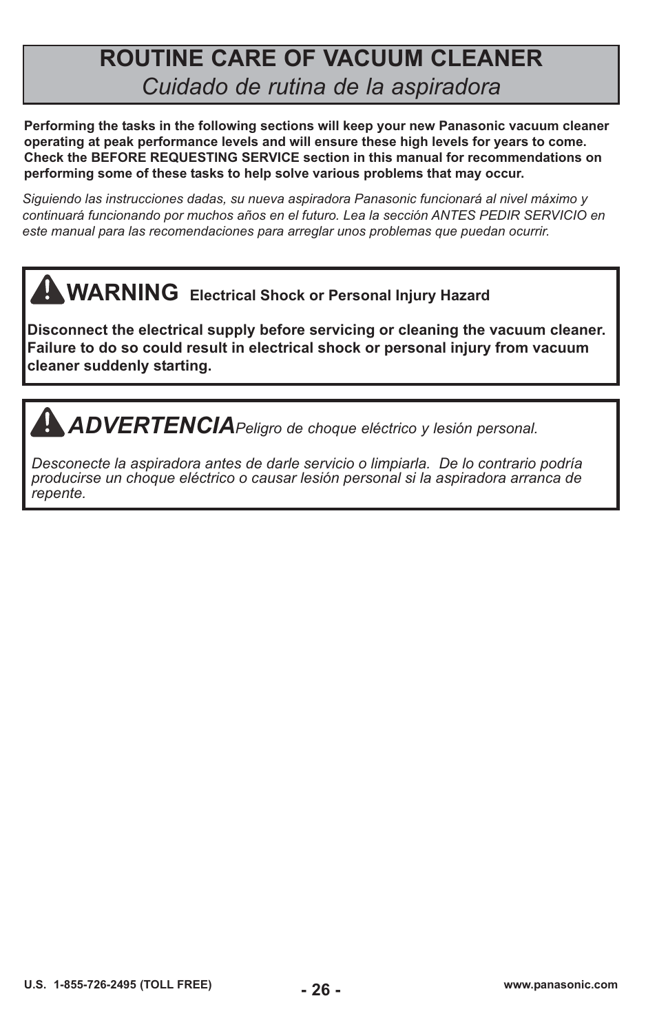 Warning, Advertencia | Panasonic MC-UL429 User Manual | Page 26 / 48