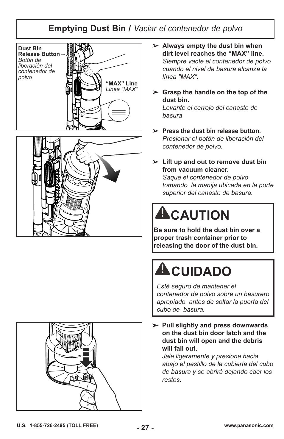 Emptying dust bin / vaciar el contenedor de polvo, Caution, Cuidado | Panasonic MC-UL429 User Manual | Page 27 / 48