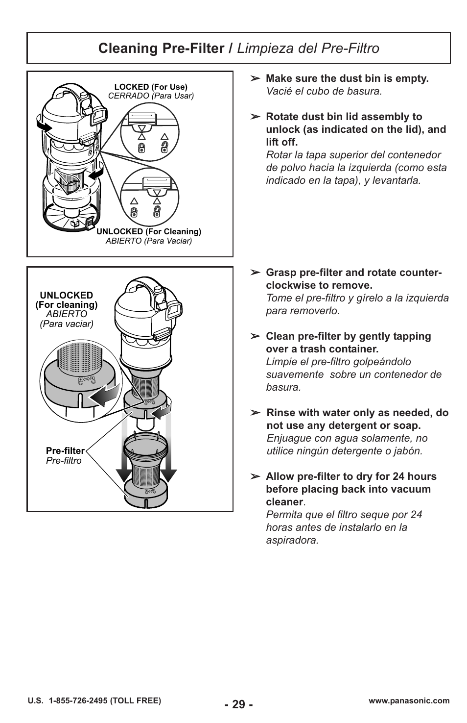 Cleaning pre-filter / limpieza del pre-filtro | Panasonic MC-UL429 User Manual | Page 29 / 48