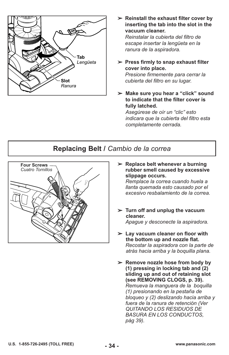 Replacing belt / cambio de la correa | Panasonic MC-UL429 User Manual | Page 34 / 48