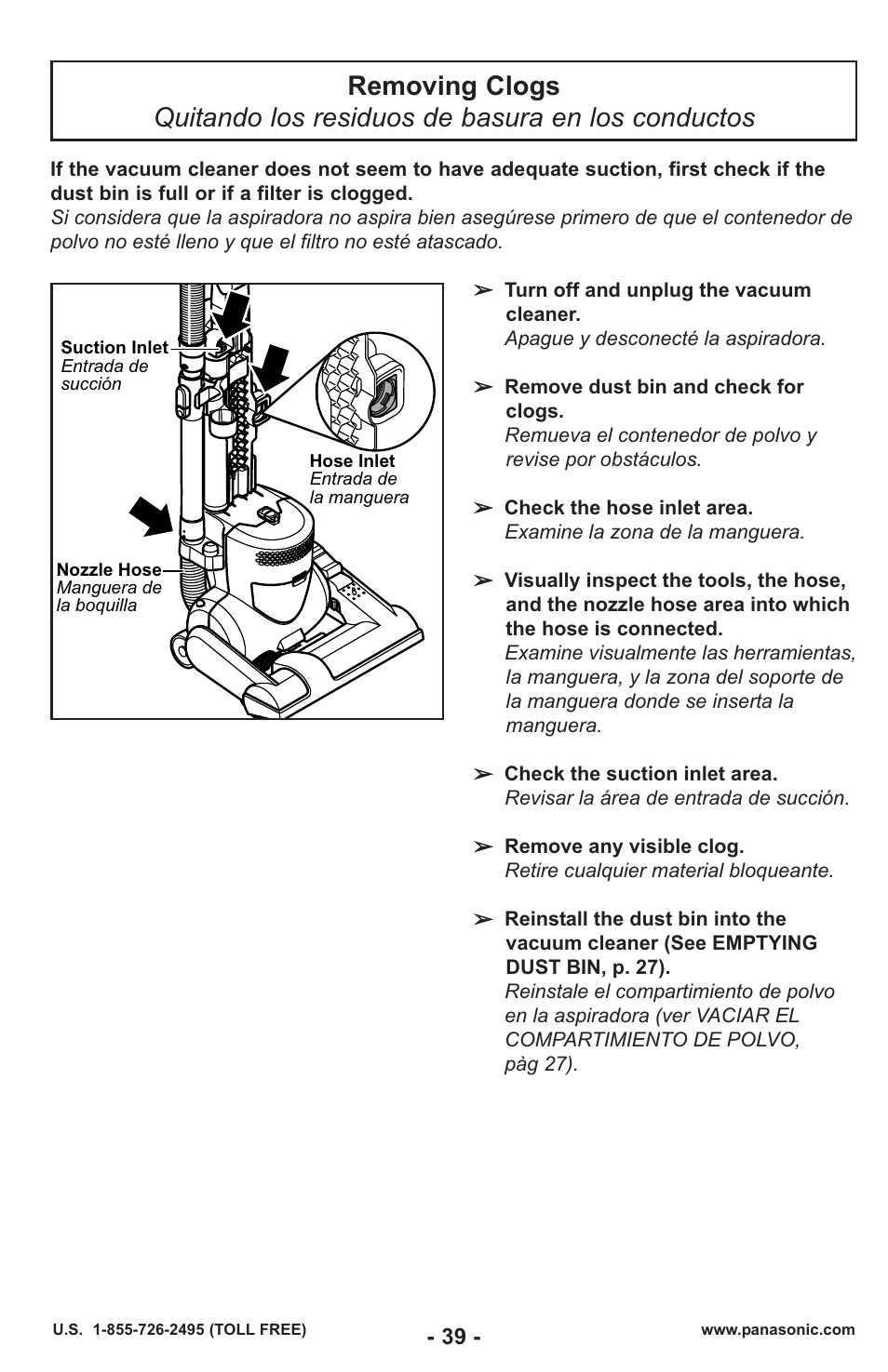 Removing clogs / remover obstrucciones | Panasonic MC-UL429 User Manual | Page 39 / 48