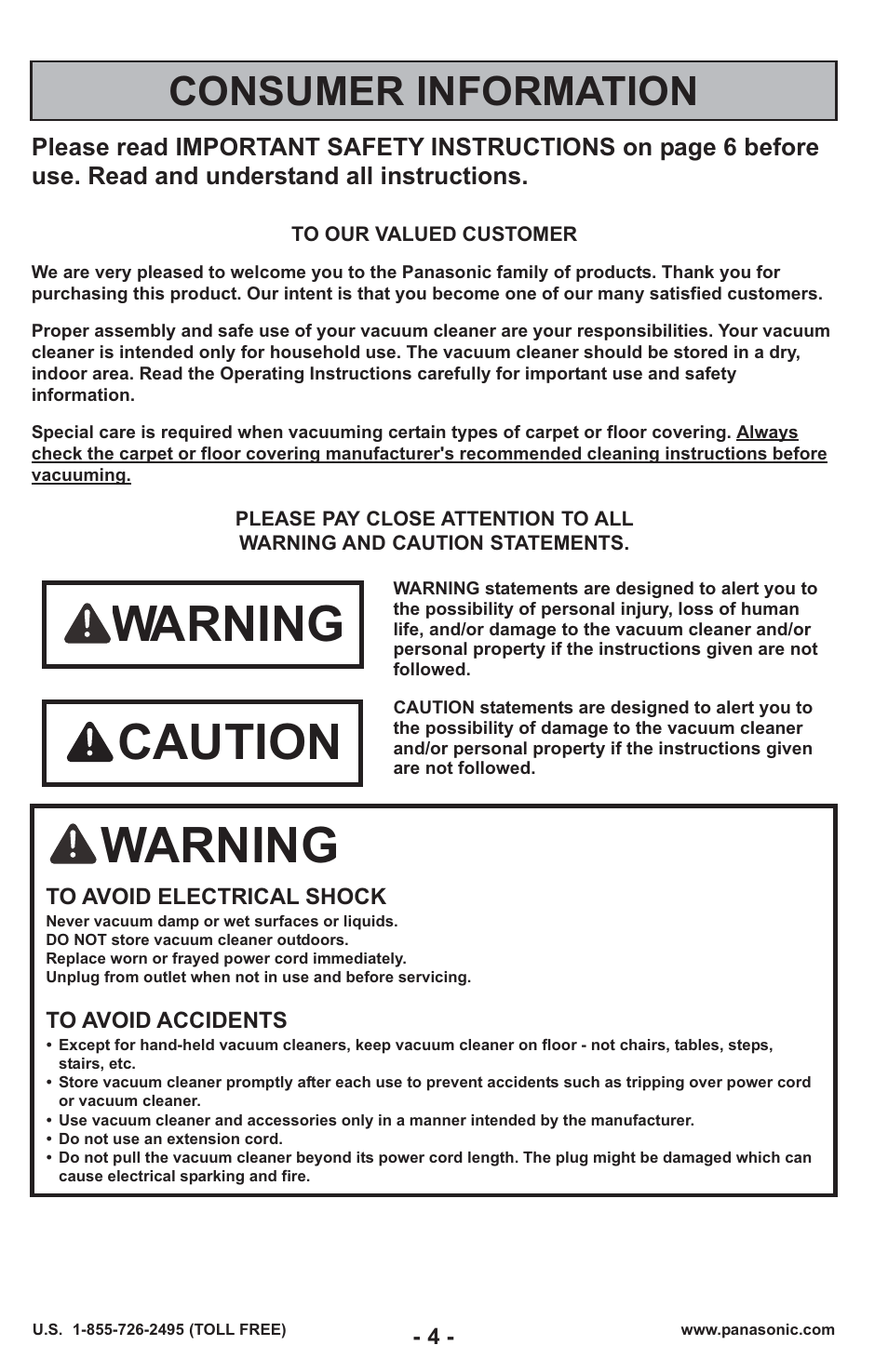 Warning, Caution, Consumer information | Panasonic MC-UL429 User Manual | Page 4 / 48