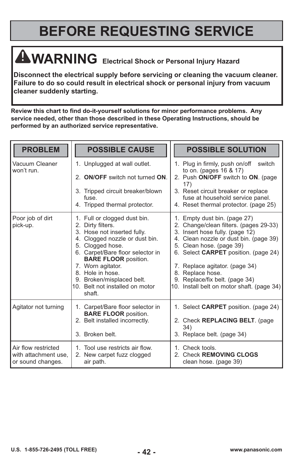 Before requesting service, Warning, Problem possible cause possible solution | Panasonic MC-UL429 User Manual | Page 42 / 48