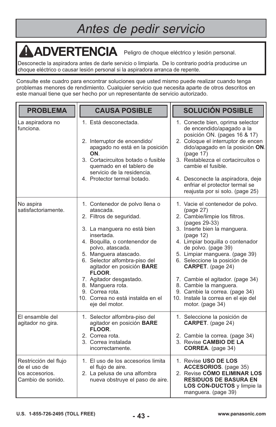 Antes de pedir servicio, Advertencia, Problema causa posible solución posible | Panasonic MC-UL429 User Manual | Page 43 / 48