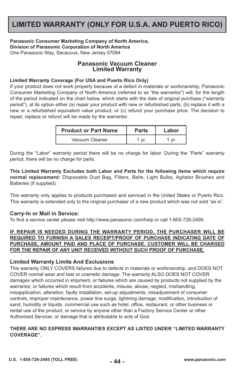 Warranty / garantía, Limited warranty (only for u.s.a. and puerto rico), Panasonic vacuum cleaner limited warranty | Panasonic MC-UL429 User Manual | Page 44 / 48