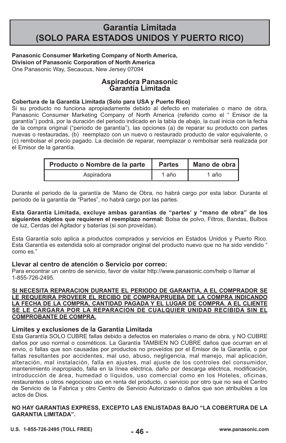 Aspiradora panasonic garantía limitada | Panasonic MC-UL429 User Manual | Page 46 / 48