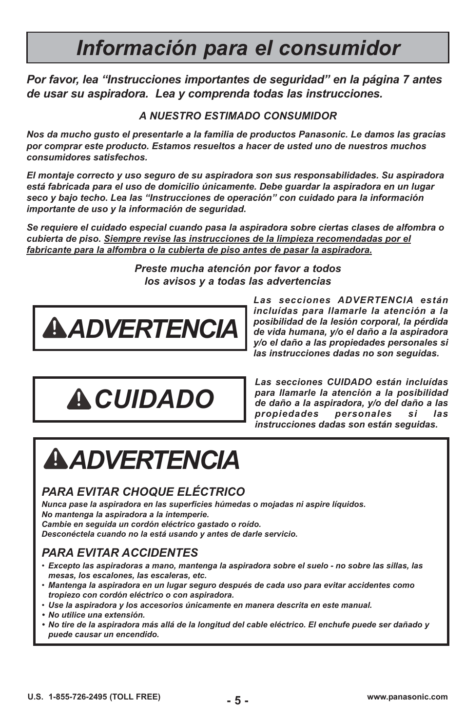 Advertencia, Cuidado, Información para el consumidor | Panasonic MC-UL429 User Manual | Page 5 / 48