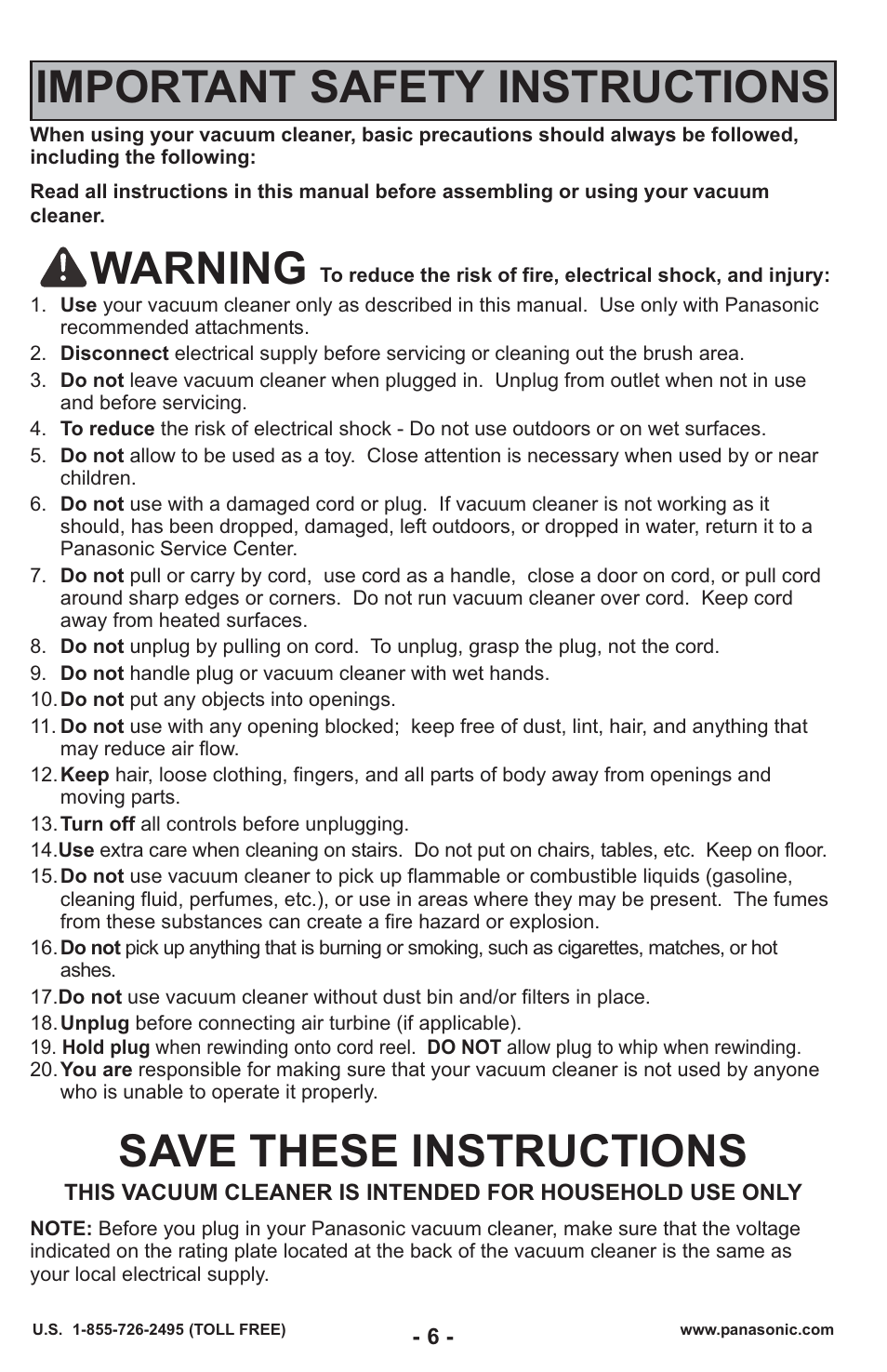 Warning, Save these instructions, Important safety instructions | Panasonic MC-UL429 User Manual | Page 6 / 48
