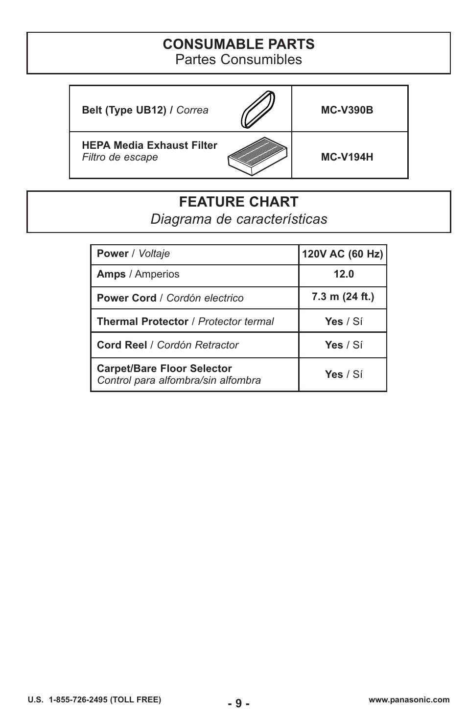 Consumable parts / partes consumibles, Feature chart / diagrama de características | Panasonic MC-UL429 User Manual | Page 9 / 48