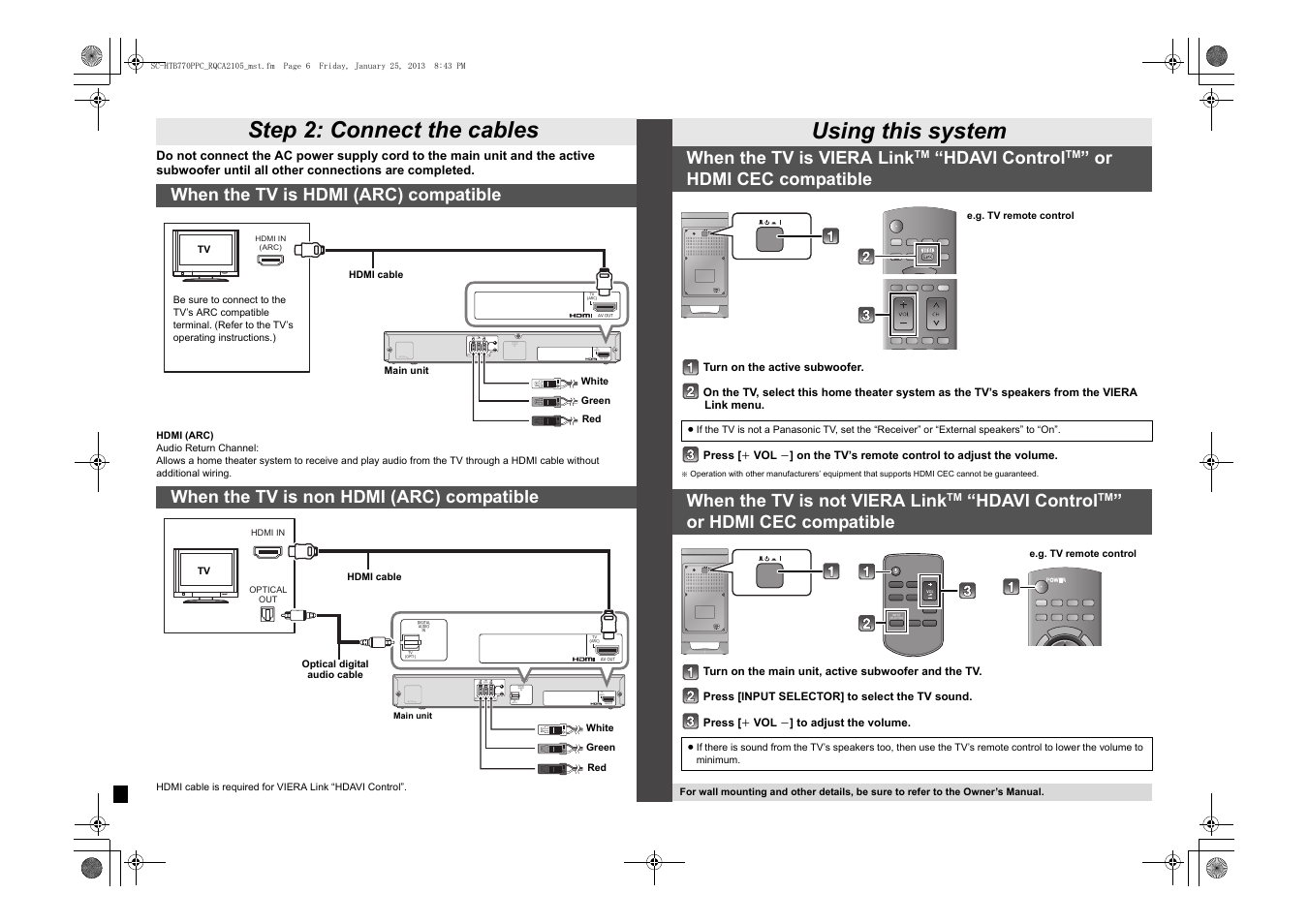 Step 2: connect the cables, Using this system, Tv (arc) av out | Input selector | Panasonic SC-HTB770S User Manual | Page 2 / 2