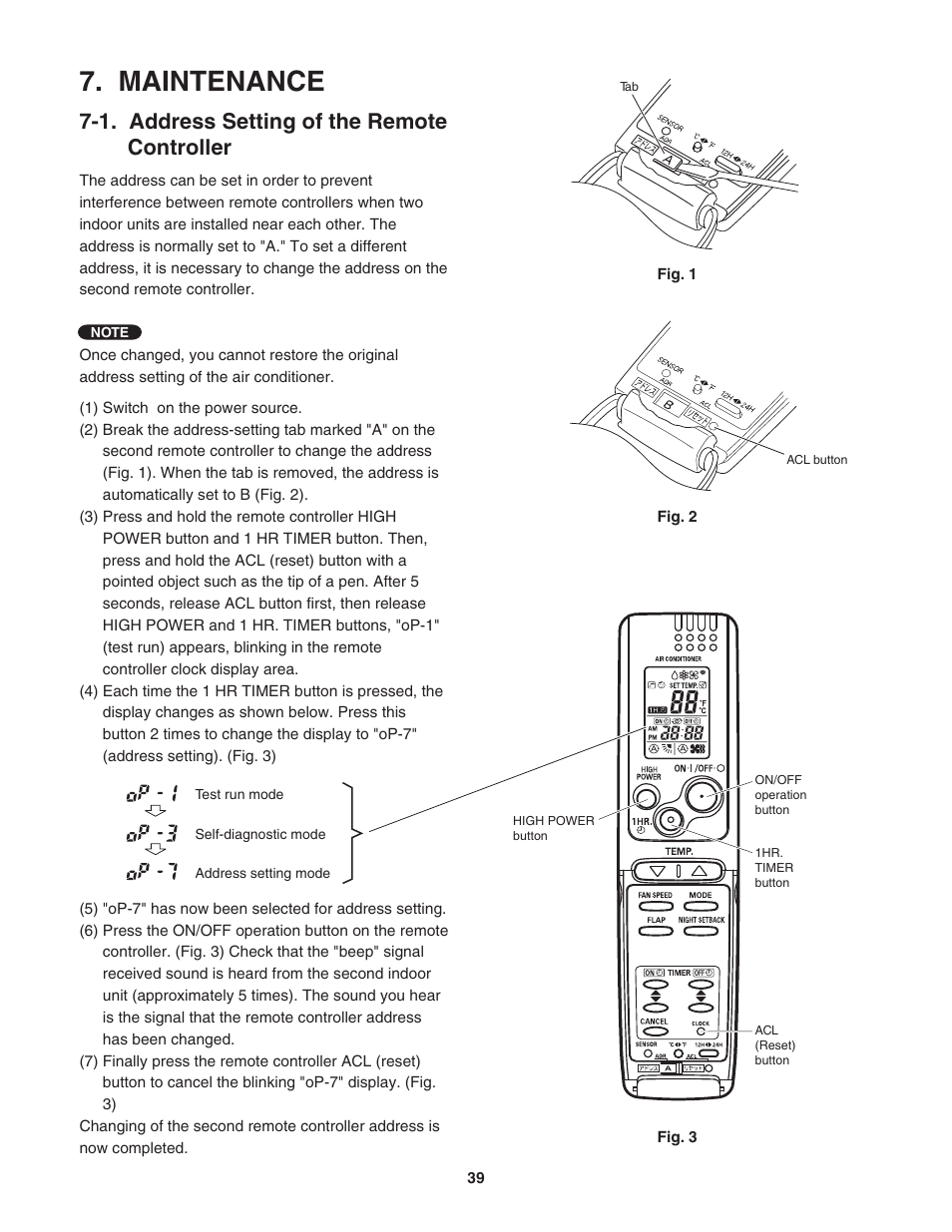 Maintenance, Address setting of the remote control unit, 1. address setting of the remote controller | Panasonic KS12NB41A User Manual | Page 39 / 69