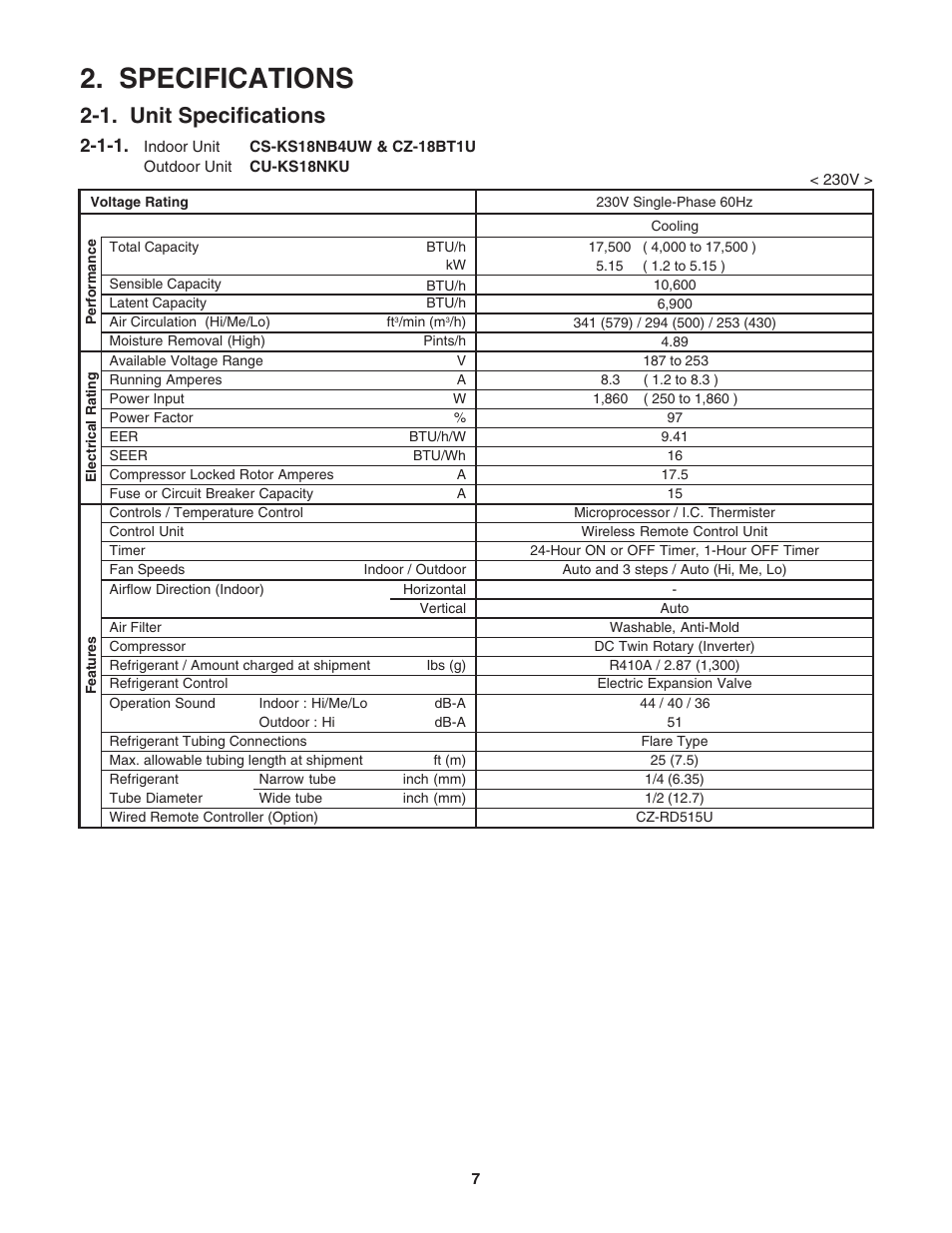 Specifications, 1. unit, 1. unit specifications | Panasonic KS12NB41A User Manual | Page 7 / 69