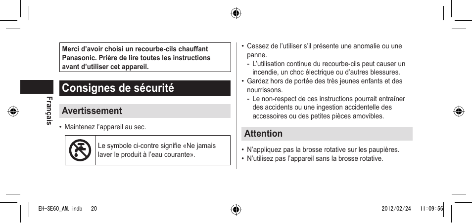 Français, Consignesdesécurité, Avertissement | Attention | Panasonic EH-SE60VP User Manual | Page 20 / 74