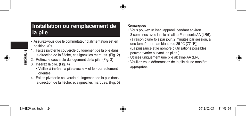 Installationouremplacementde lapile | Panasonic EH-SE60VP User Manual | Page 24 / 74