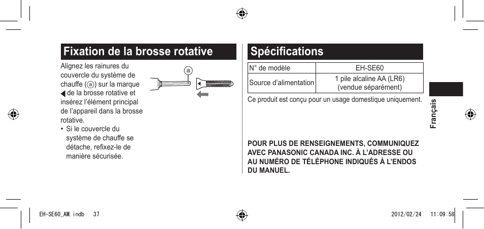 Fixationdelabrosserotative, Spécifications | Panasonic EH-SE60VP User Manual | Page 37 / 74