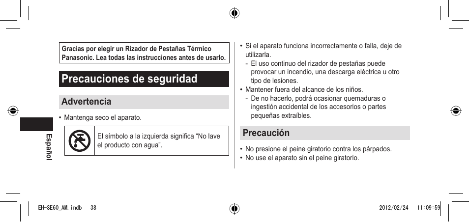 Español, Precaucionesdeseguridad, Advertencia | Precaución | Panasonic EH-SE60VP User Manual | Page 38 / 74