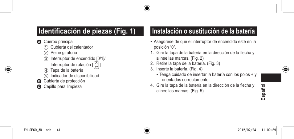 Identificacióndepiezas(fig.1), Instalaciónosustitucióndelabatería | Panasonic EH-SE60VP User Manual | Page 41 / 74