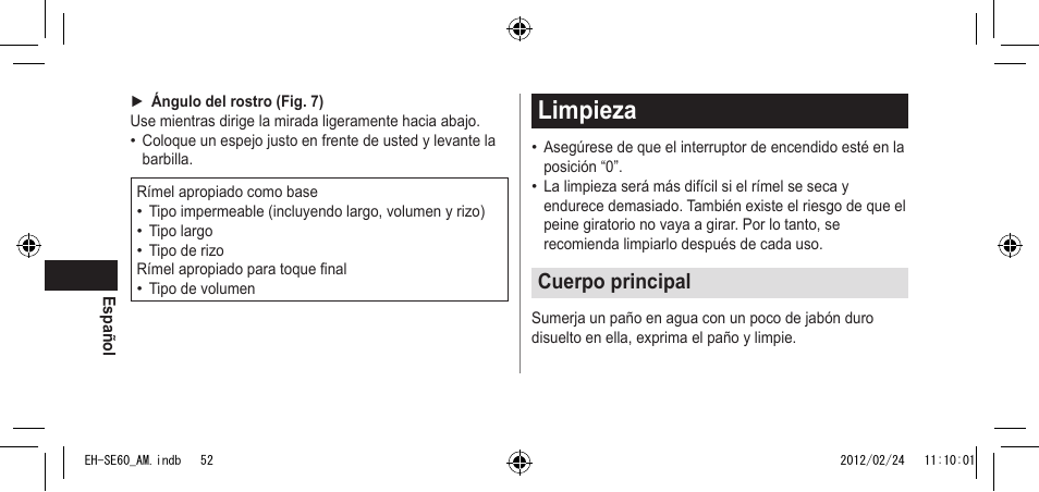 Limpieza, Cuerpoprincipal | Panasonic EH-SE60VP User Manual | Page 52 / 74